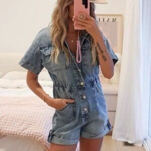 Free People Light Wash Denim Short Jumpsuit